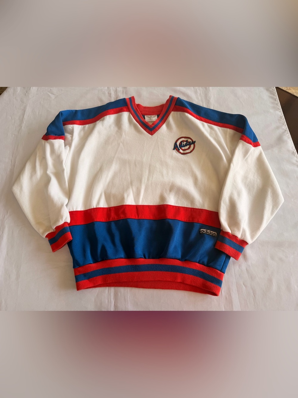 Vintage RARE Adidas 1980s White Red Blue Colorblock Crewneck Pullover Sweat